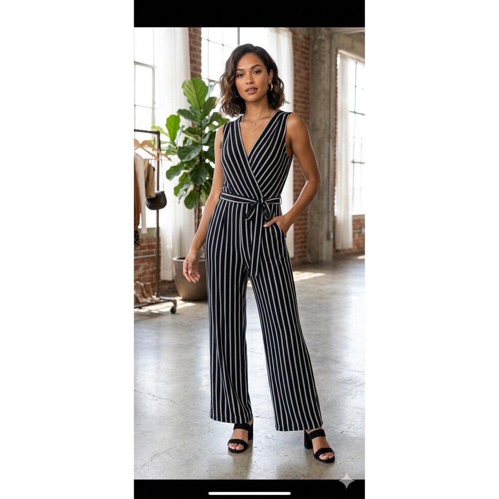 Monteau Los Angeles Striped Wide Leg Jumpsuit Small Black White Wrap Neck Belted